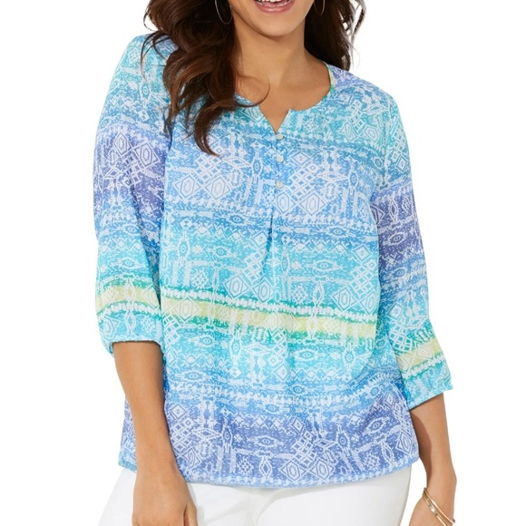 Catherines Santa Fe Peasant Top Blue Semi-Sheer Long Sleeve Plus Womens Size 2X - Picture 1 of 9
